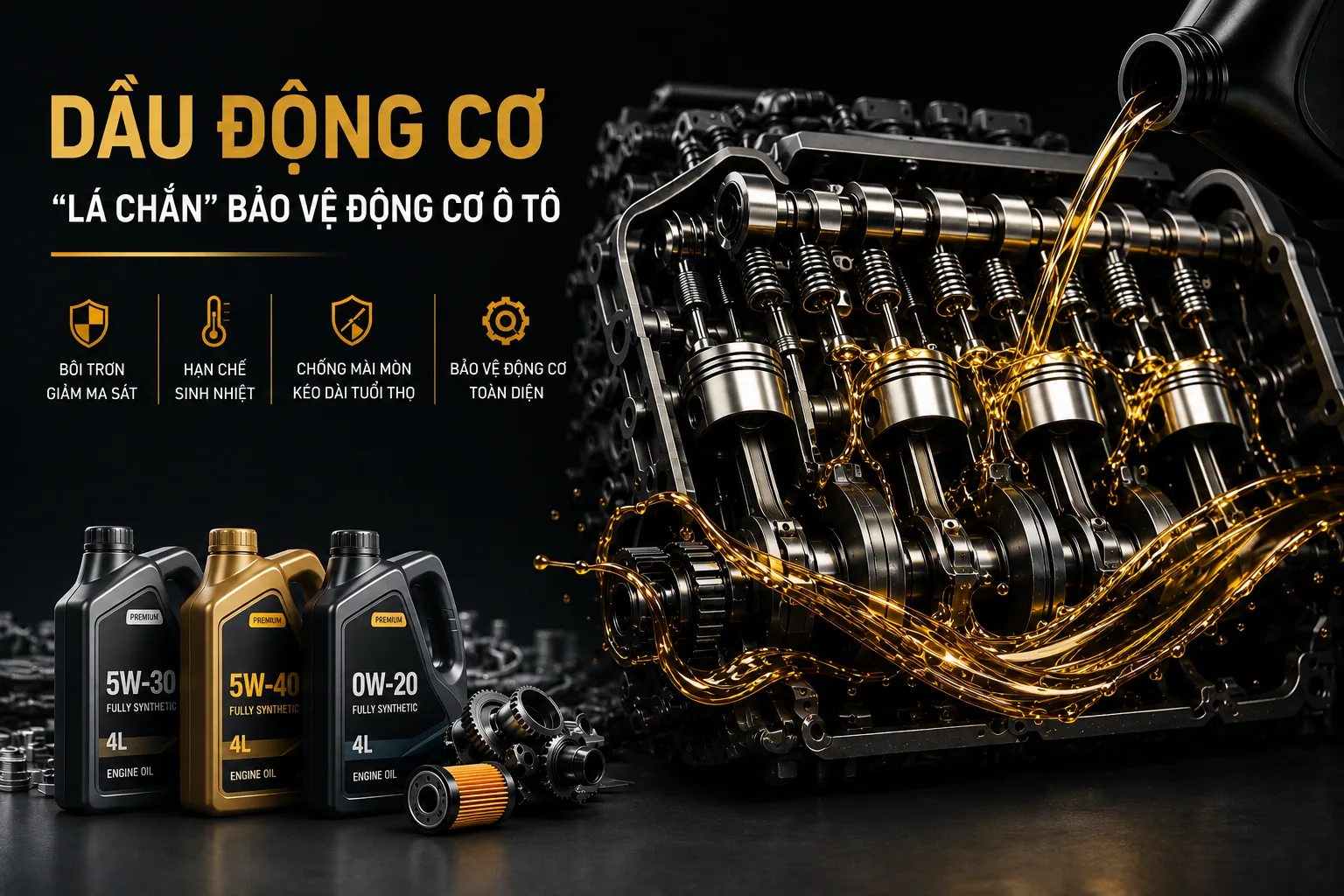 Hình minh họa dầu động cơ bảo vệ động cơ ô tô bằng cách tạo lớp màng bôi trơn, giảm ma sát, hạn chế sinh nhiệt và chống mài mòn các chi tiết bên trong động cơ.