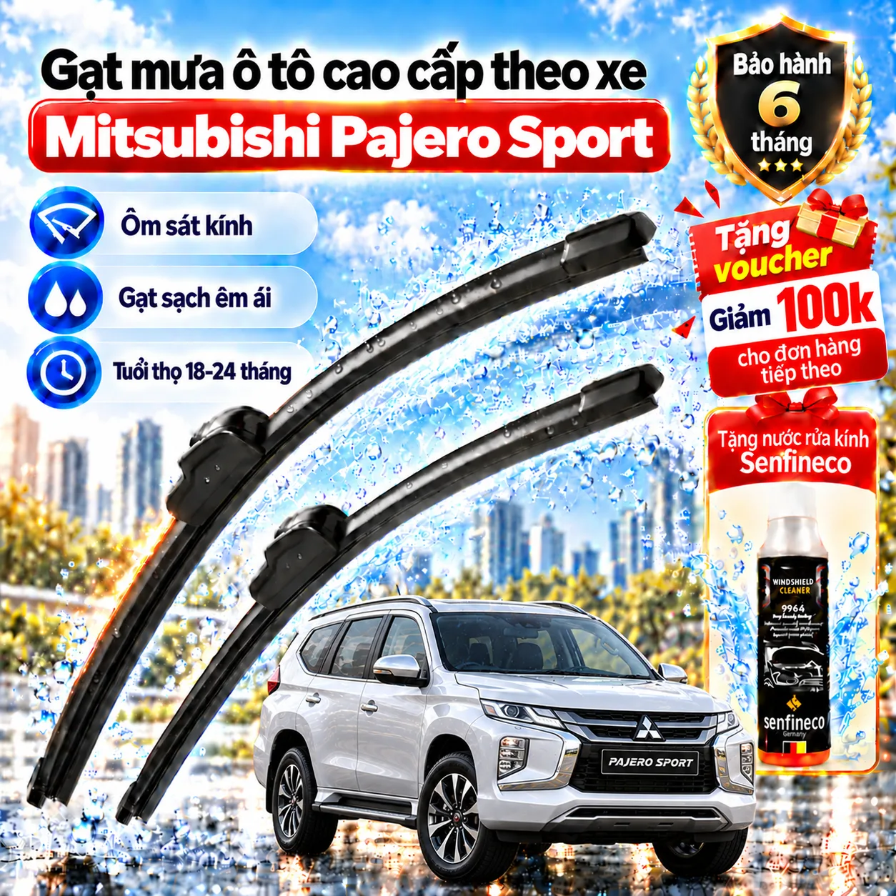 Gạt mưa ô tô cao cấp theo xe Mitsubishi Pajero Sport chính hãng.