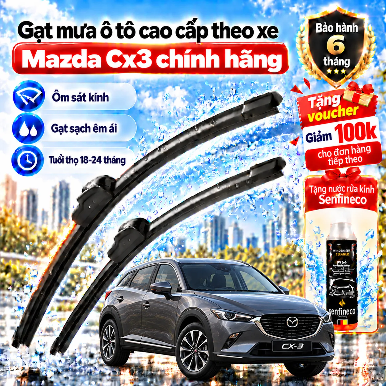 Gạt mưa ô tô cao cấp theo xe Mazda Cx3 chính hãng.